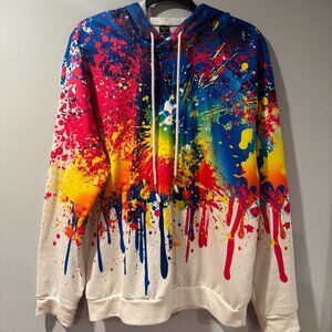 Rainbow Ink Splatter Hoodie - White Base - Men's Medium